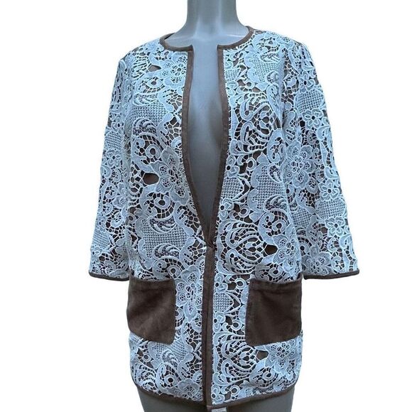 New Chico's Blazer Women's Size 0 (S) Brown & Cream Lace Open Front Suit Jacket - Picture 1 of 11